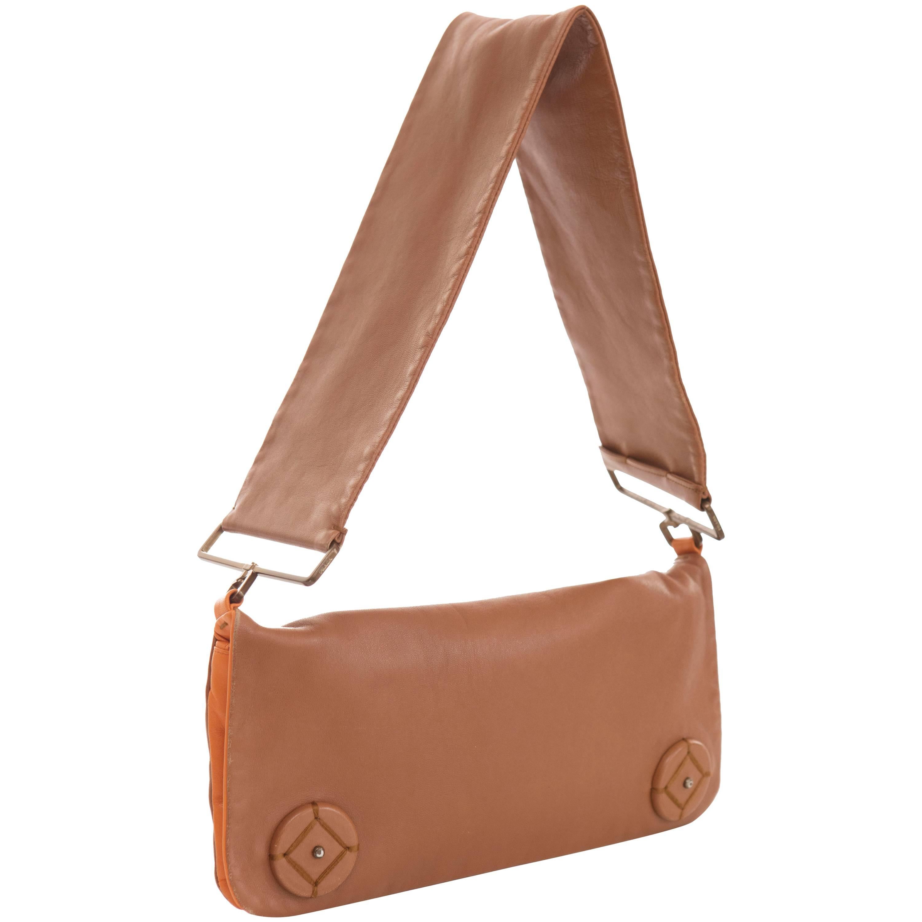 Prada Snap Front Cognac Tangerine Leather Shoulder Bag