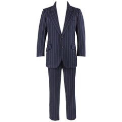 Used BILL BLASS c.1970's 2 Pc Navy Blue Wool Signature Pinstripe Jacket Pant Suit Set