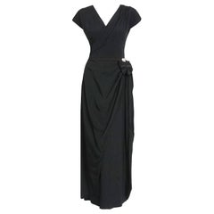 1944 Irene Lentz Black Silk-Rayon Asymmetric Draped Hourglass Formal Gown 