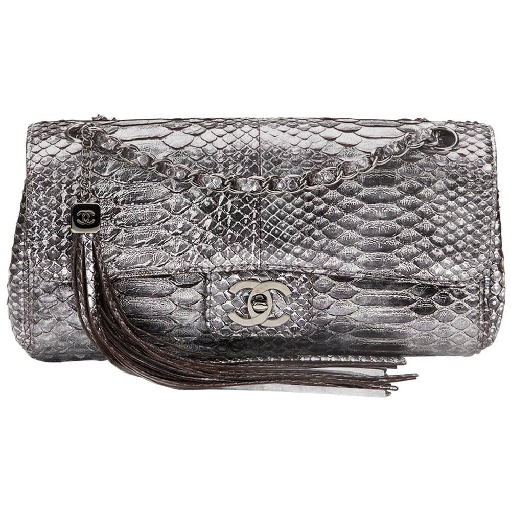 2000s Chanel Metallic Silver Python Classic Single Flap Bag