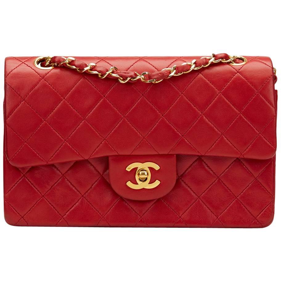 1980s Chanel Red Quilted Lambskin Vintage Small Classic Double Flap