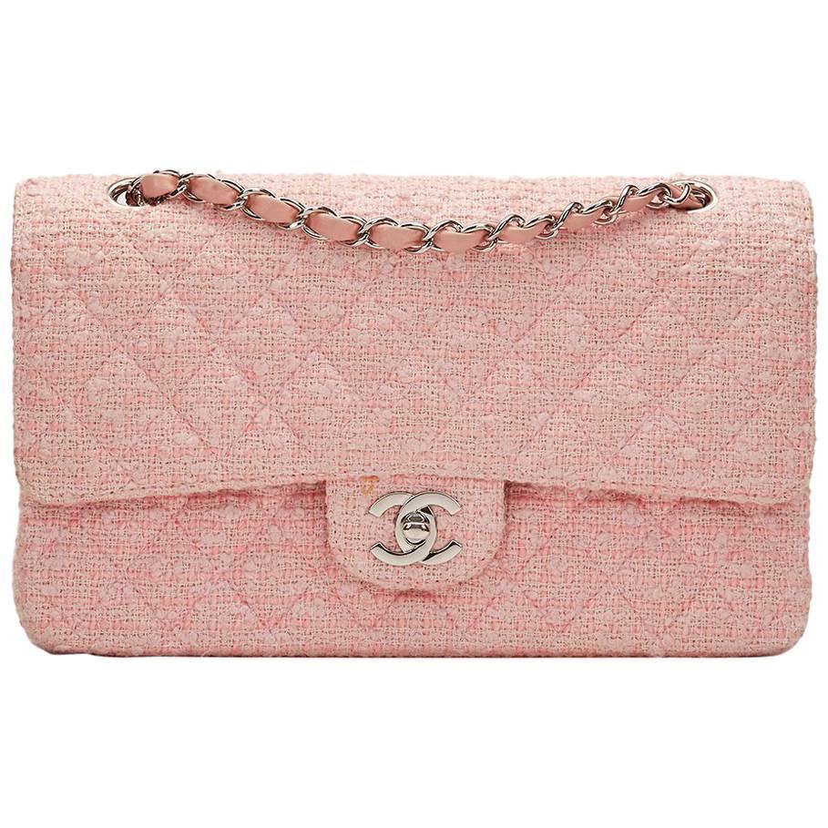 2000s Chanel Pink Quilted Tweed Medium Classic Double Flap Bag at