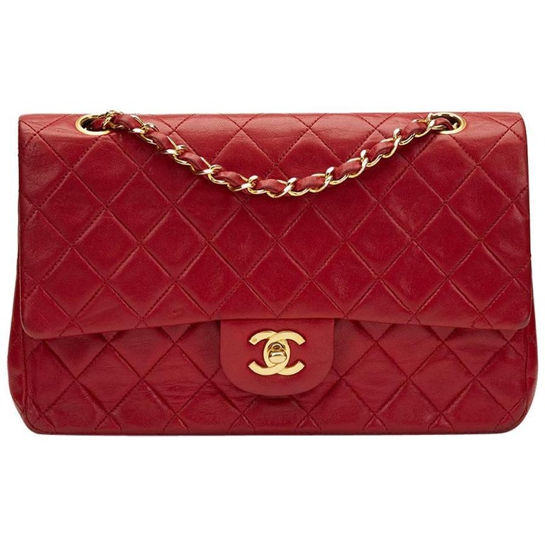 1990s Chanel Red Quilted Lambskin Vintage Medium Classic Double Flap Bag