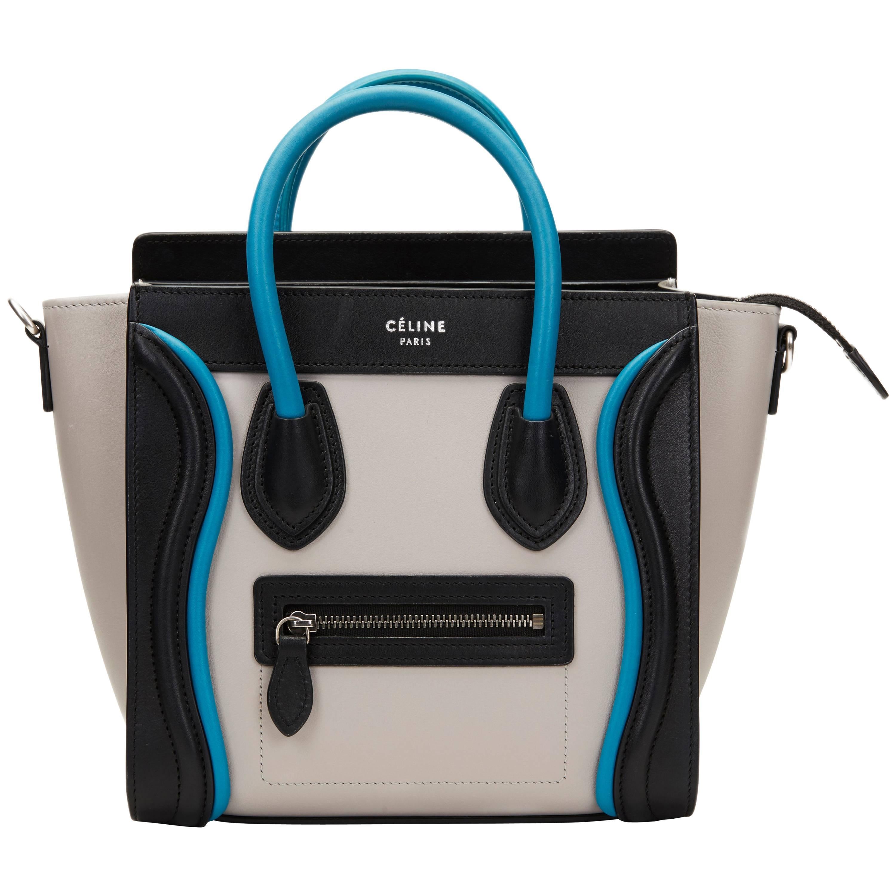 2016 Celine Grey, Turquoise, Black Smooth Calfskin Leather Nano Luggage Tote