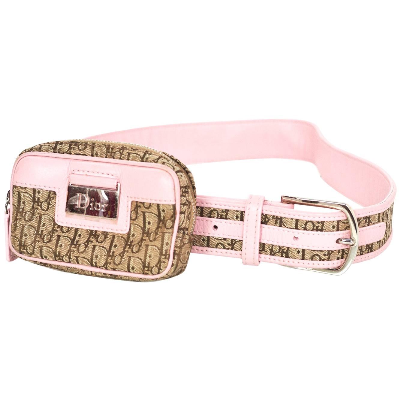 Christian Dior Vintage Pink and Brown Monogram Belt Bag Sz 90