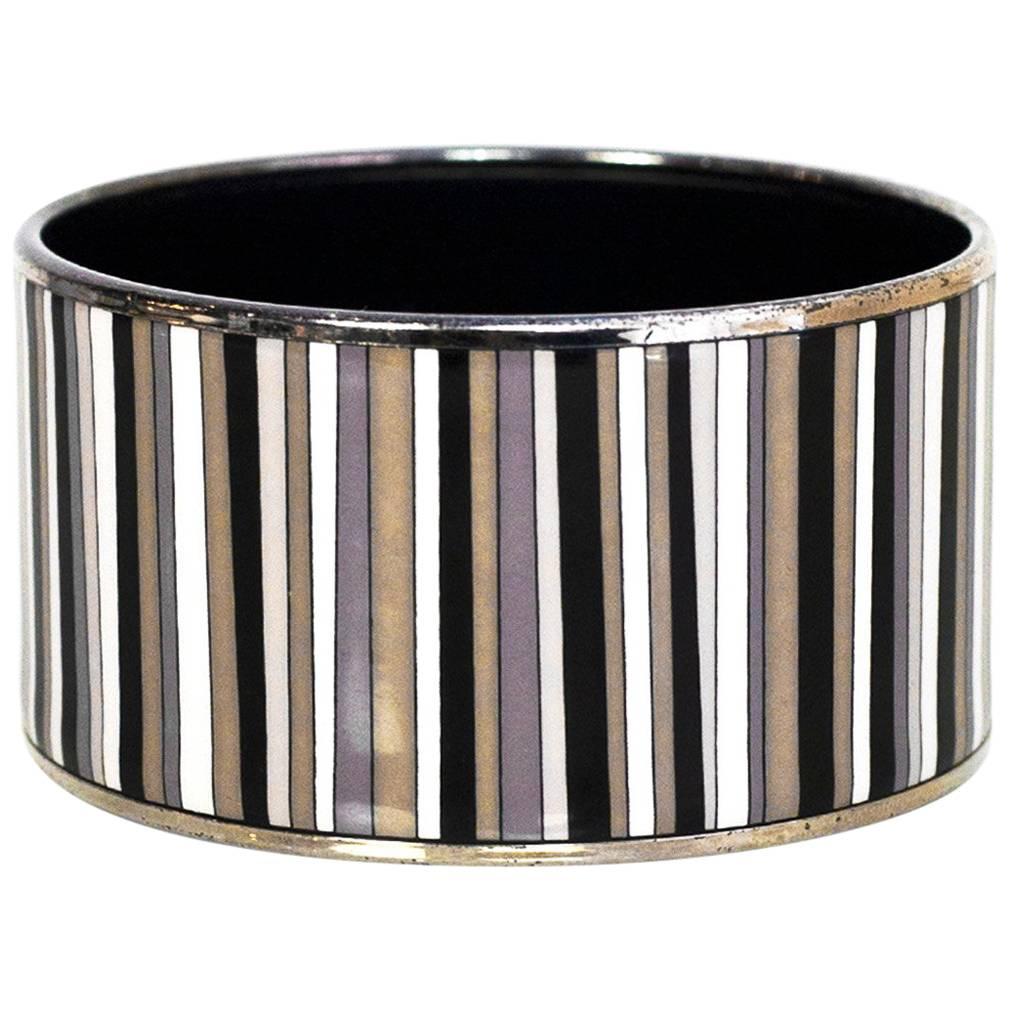 Hermes Black/Grey/White Extra Wide Carioca Stripes Enamel Bangle Bracelet Sz 65