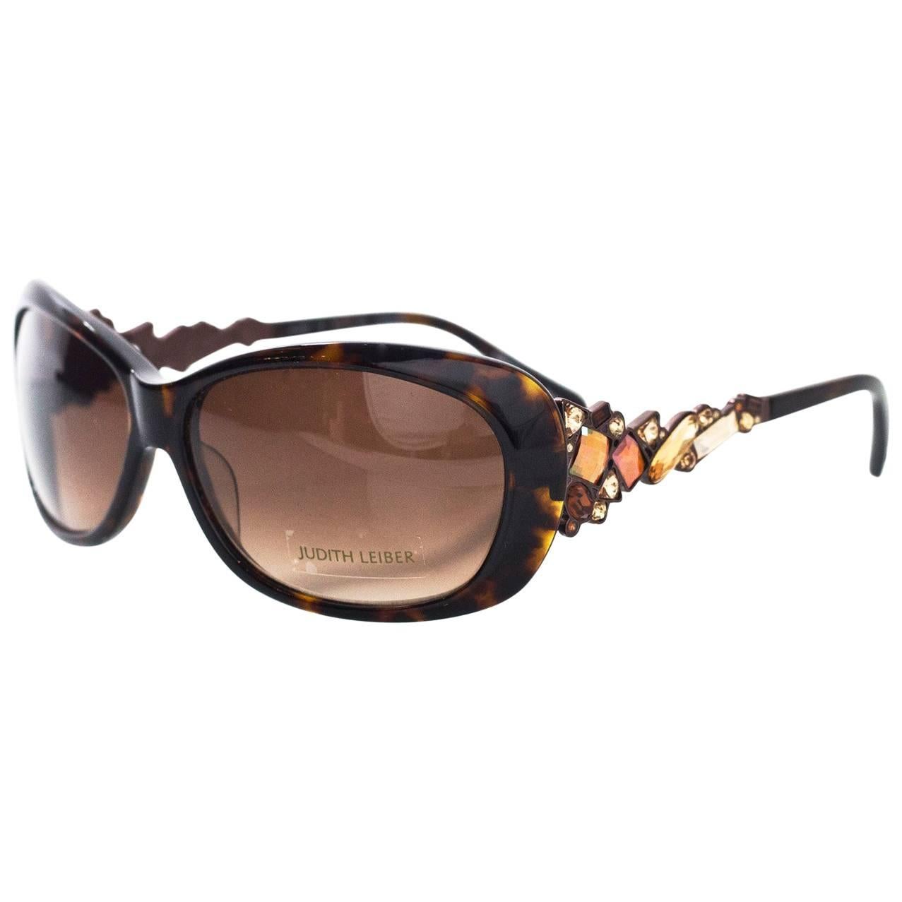 Judith Leiber JL1619 Brown Tortoise Swarovski Crystal Sunglasses rt. $620