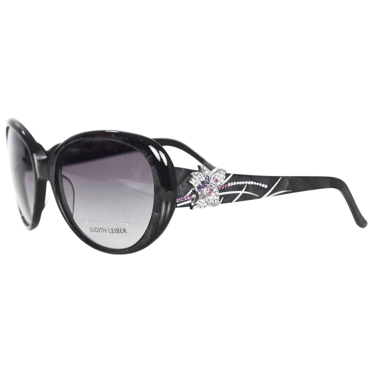 Judith Leiber JL1612 Black Glitter and Purple Crystal Sunglasses 