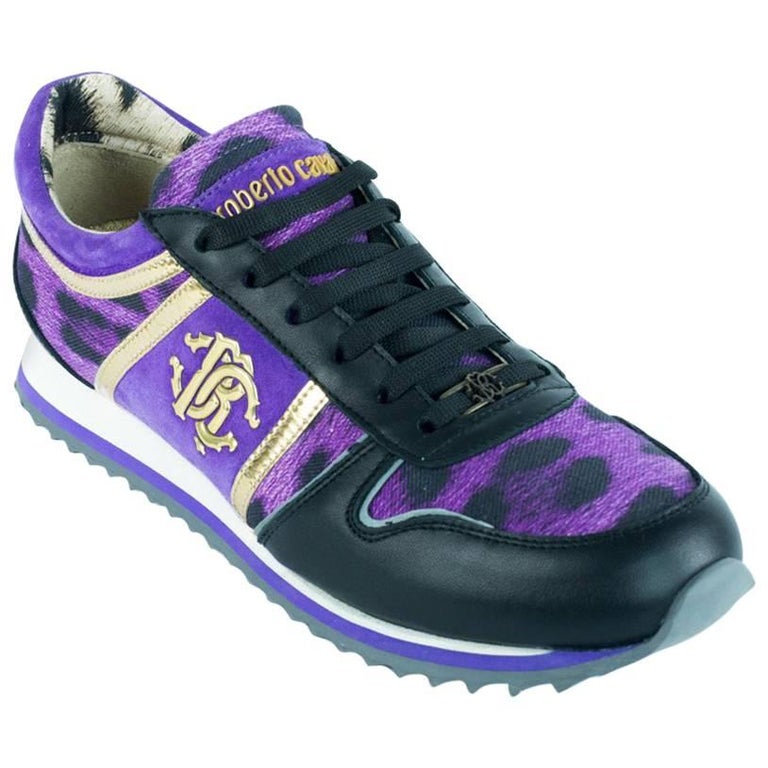 Roberto Cavalli Womens Purple Leopard Logo Sneakers For Sale at 1stDibs
