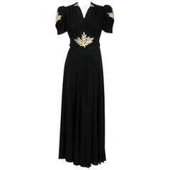 1930's Seductive Metallic-Gold Appliqued Black Crepe Puff Sleeve Bias-Cut Gown