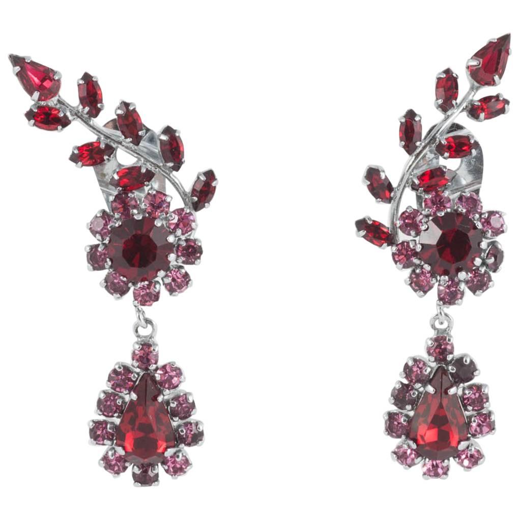  Pink and ruby paste drop earrings, Austrian, 1950s