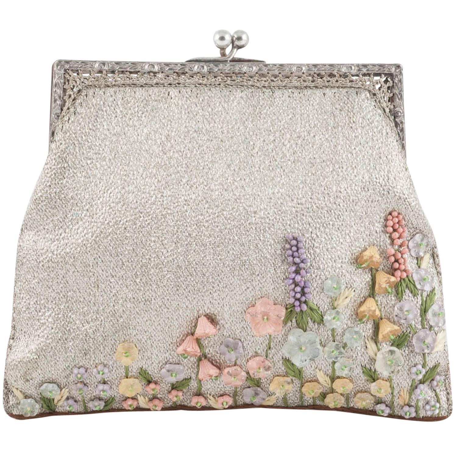 Exquisite silver clutch, with hand painted flower decoration, 1920s