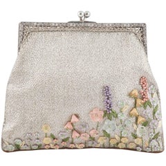 Antique Exquisite silver clutch, with hand painted flower decoration, 1920s