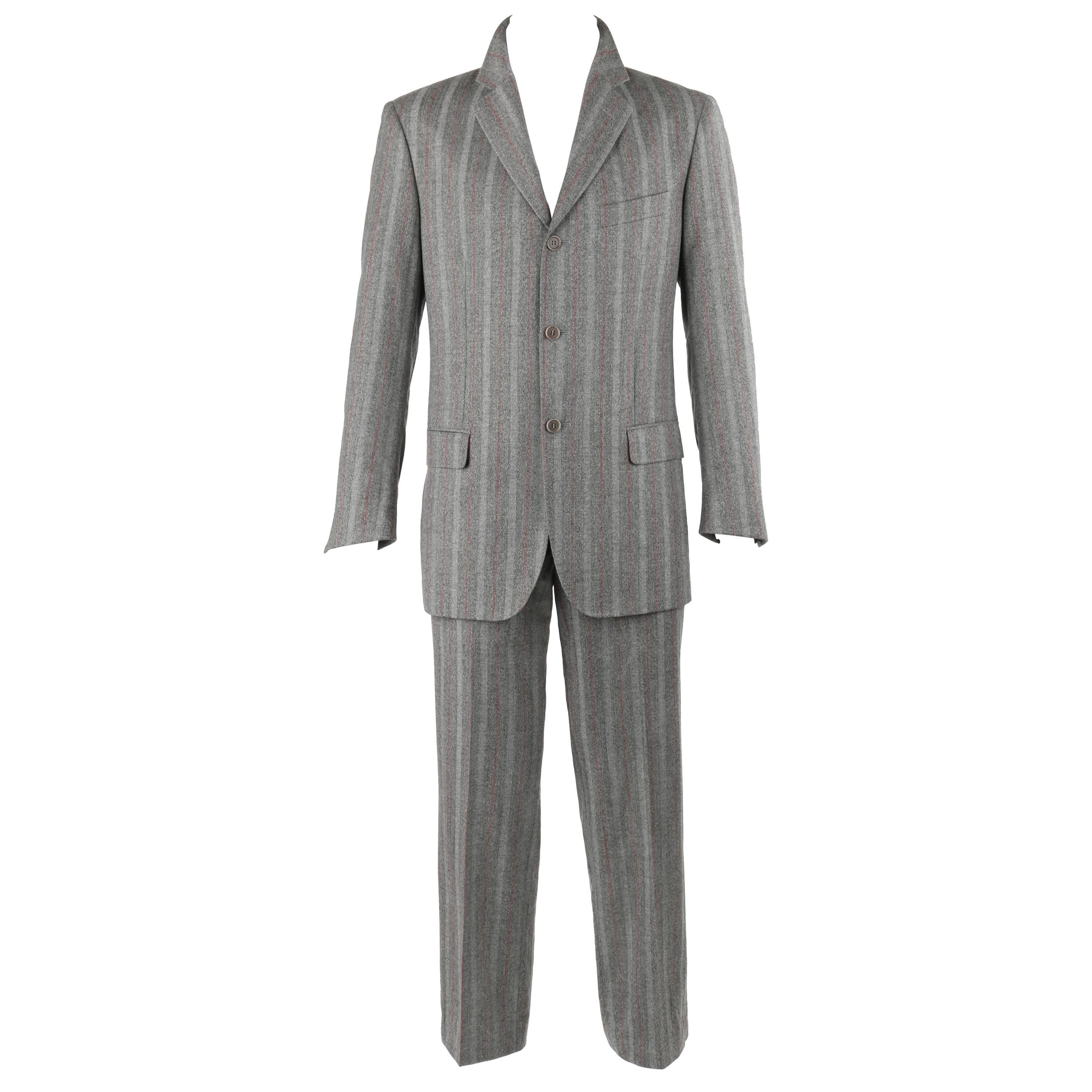 ALEXANDER McQUEEN c.2001 2 Pc Gray & Red Pinstripe Wool Jacket Pant Suit Set