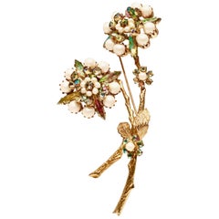 Vintage 60'S Alice Caviness Gold Pearl & Crystal Double Flower Brooch