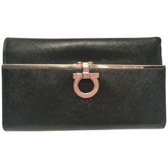 Vintage Ferragamo Black Leather and Chrome Wallet