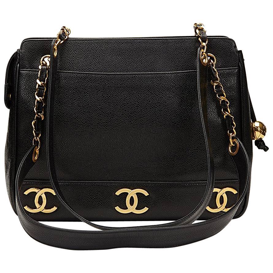 1995 Chanel Black Caviar Leather Vintage Logo Trim Shoulder Bag