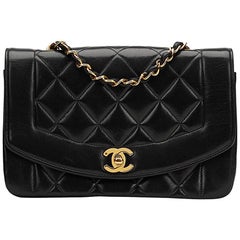 1990s Chanel Black Quilted Lambskin Retro Small Diana Classic Double Flap Bag