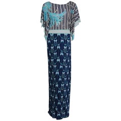 1974 Emilio Pucci Blue Peacock Novelty Print Silk Handkerchief Sleeve Maxi Dress