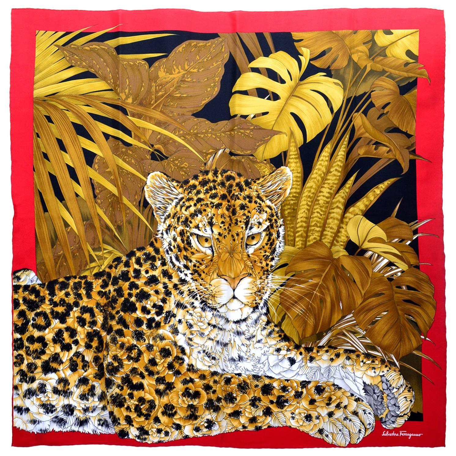 Salvatore Ferragamo Vintage Silk Scarf in Leopard Jungle Print with Red Border