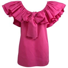 Vintage Yves Saint Laurent hot pink bow front ruffle peasant blouse NWT1970s 8
