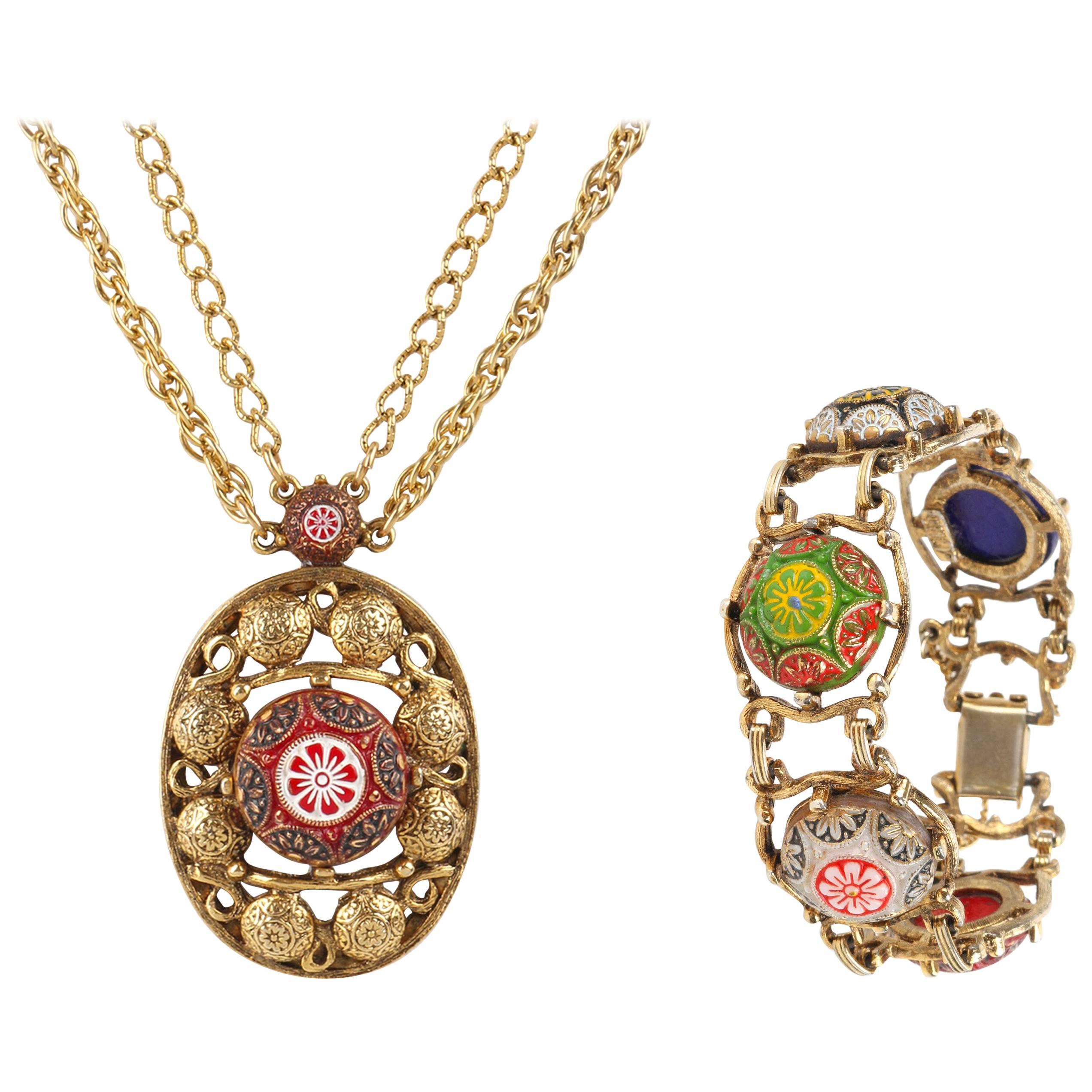JULIANA D&E c.1970s "Moroccan Matrix" Brass Pendant Necklace Bracelet Parure Set