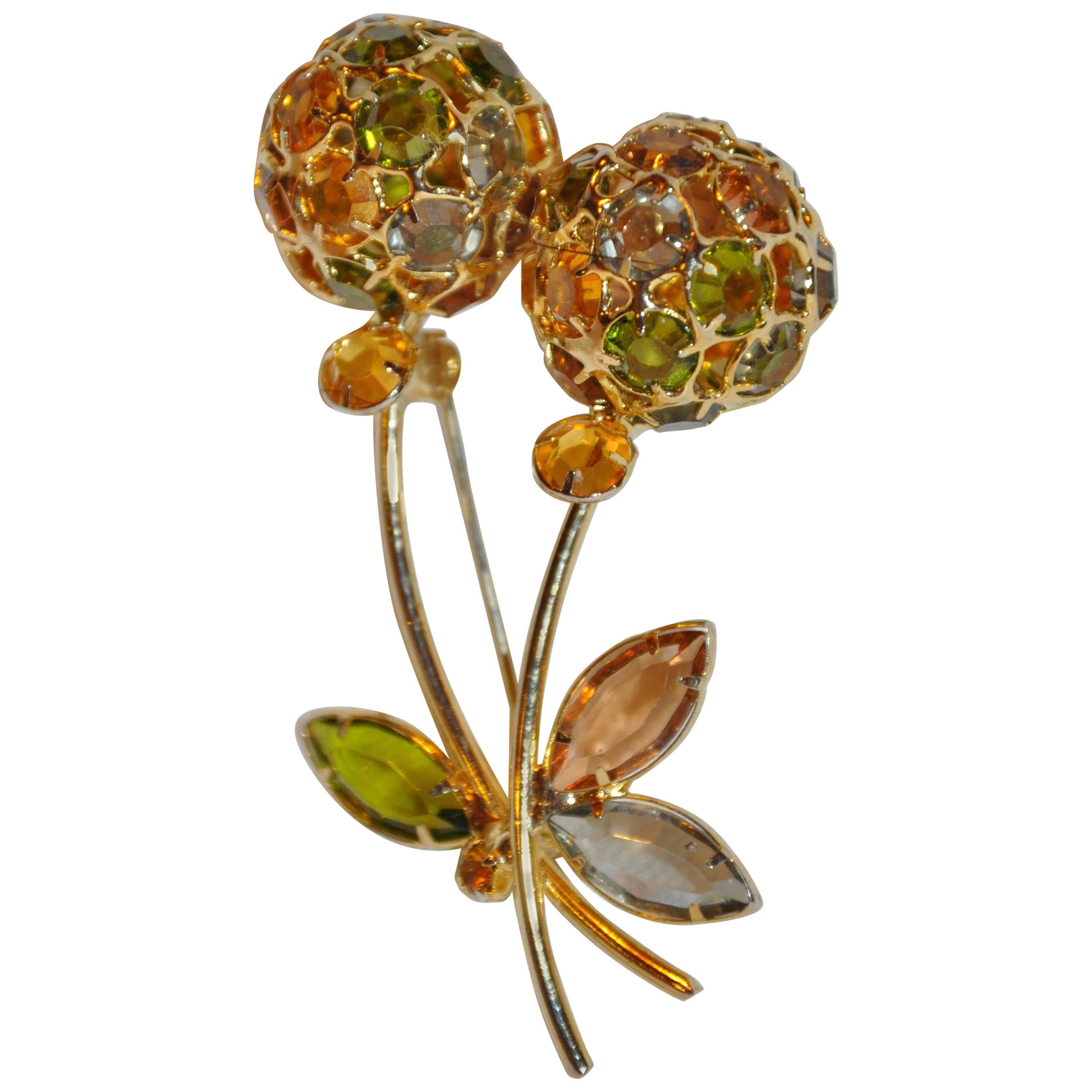 Huge Multi-Color Crystal "Blooming Floral" Gilded Gold Hardware Brooch For Sale