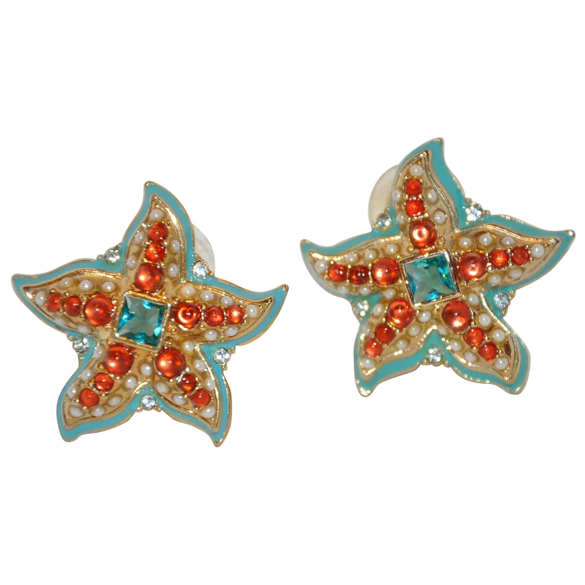 Kenneth Jay Lane Whimsical Multi-Color "Starfish" Earrings For Sale