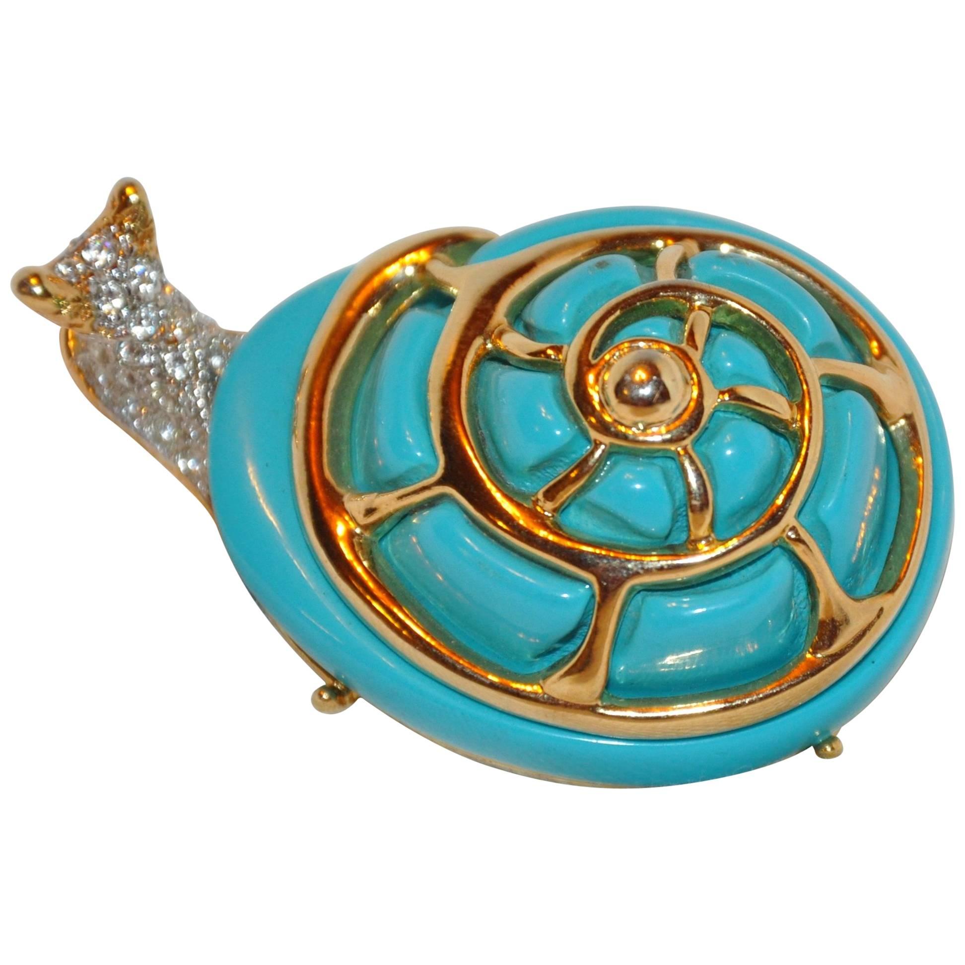 Kenneth Jay Lane Huge Whimsical Faux Turquoise with Gold "Snail" Brooch