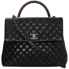 Chanel Black Caviar Leather Quilted Large Coco Lizard Handle Bag with DB 1