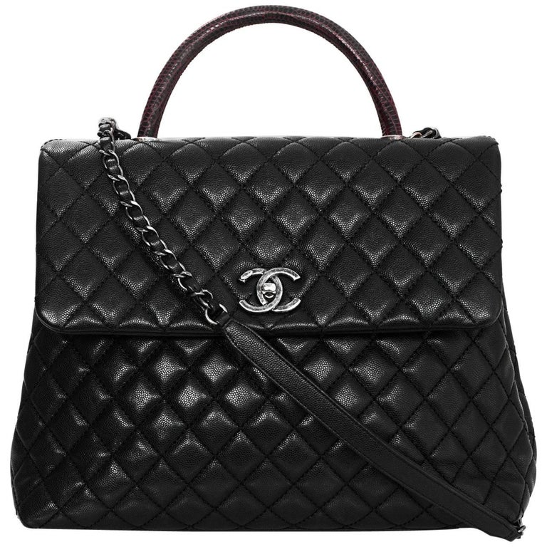 Chanel Black Caviar Leather Quilted Large Coco Lizard Handle Bag with ...