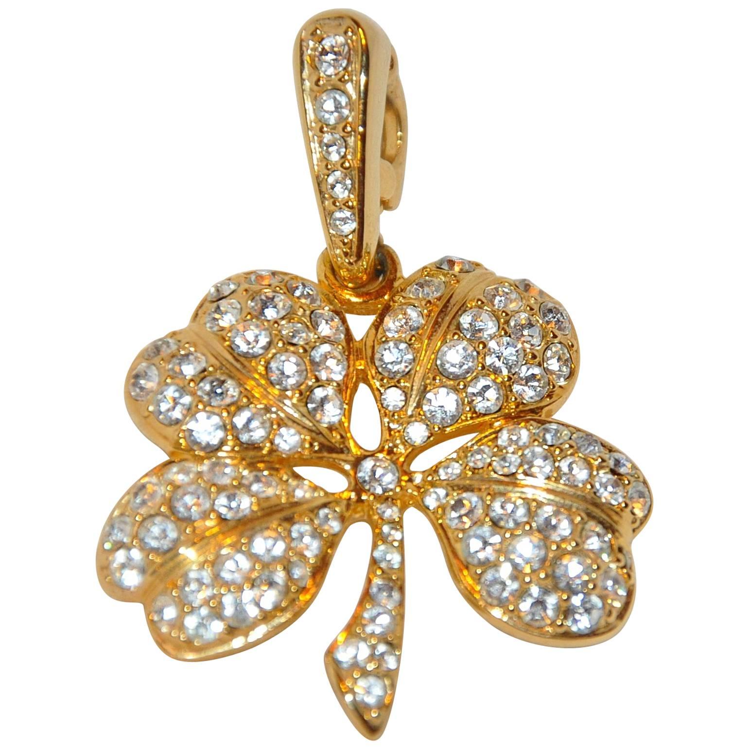 Kenneth Jay Lane "Lucky Clover" Faux Diamonds Encrusted Pendant For Sale