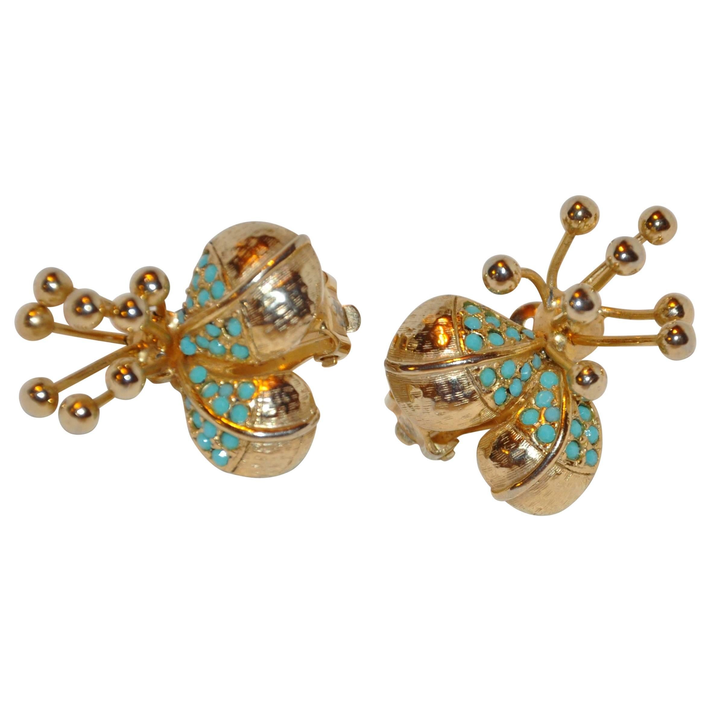 "Blooming Floral" Gilded Gold Vermeil Hardware & Turquoise Hue Earrings For Sale