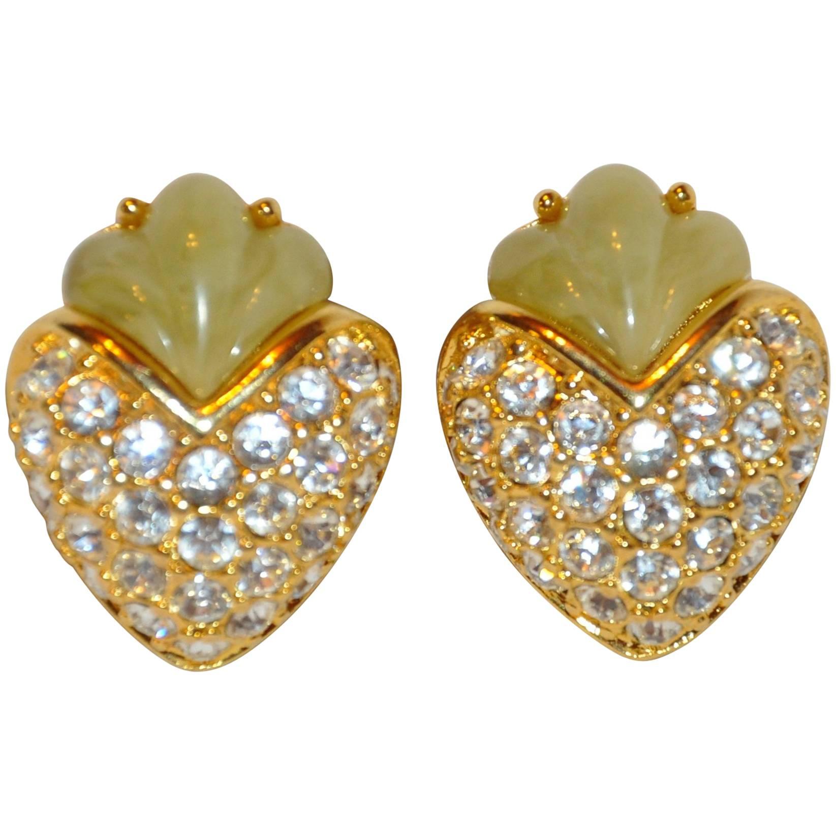 Gilded Gold Hardware "Chestnut" Faux Jadeite & Rhinestone Earrings For Sale