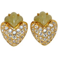 Vintage Gilded Gold Hardware "Chestnut" Faux Jadeite & Rhinestone Earrings