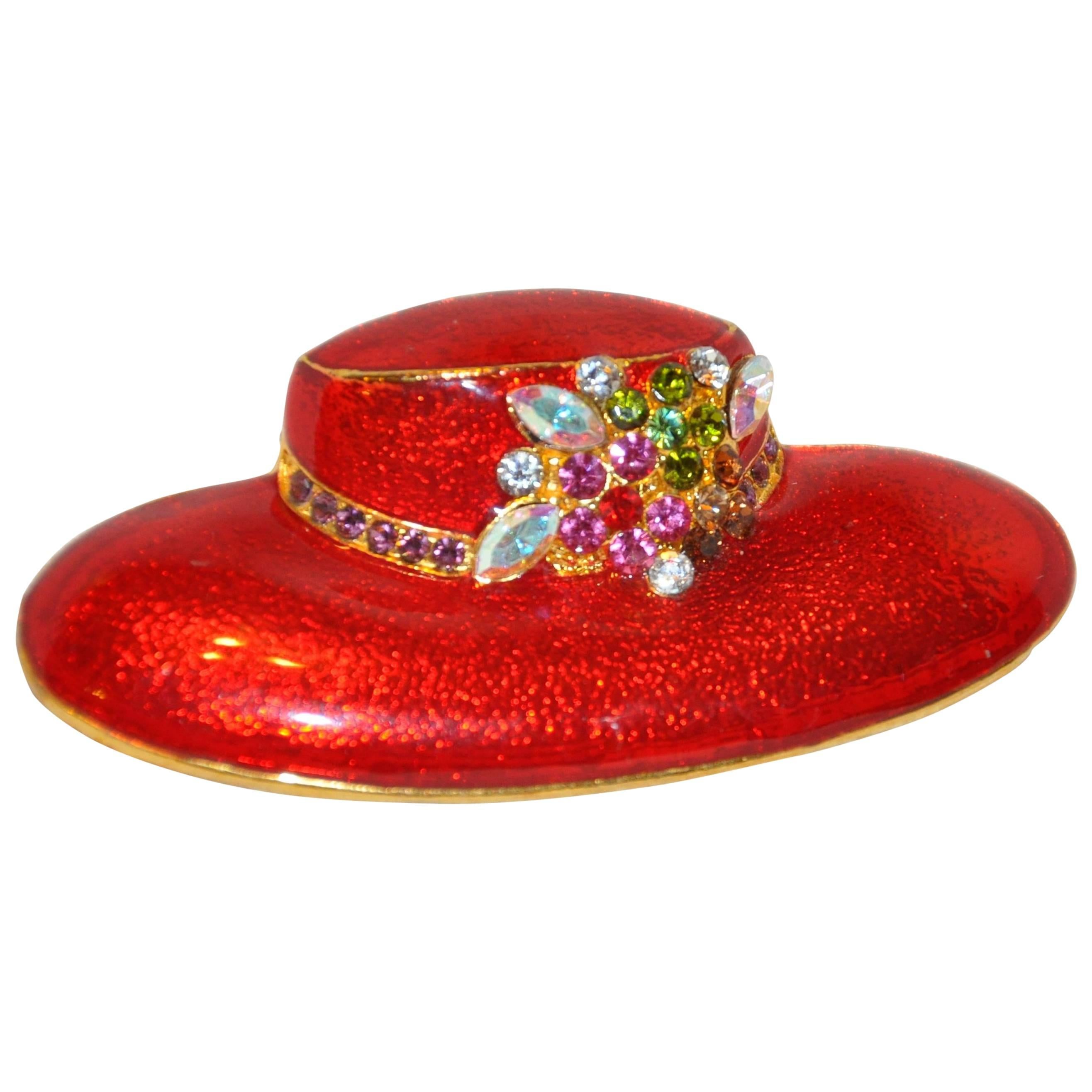 Large Bold Red Enamel with Floral Accents Hat Brooch