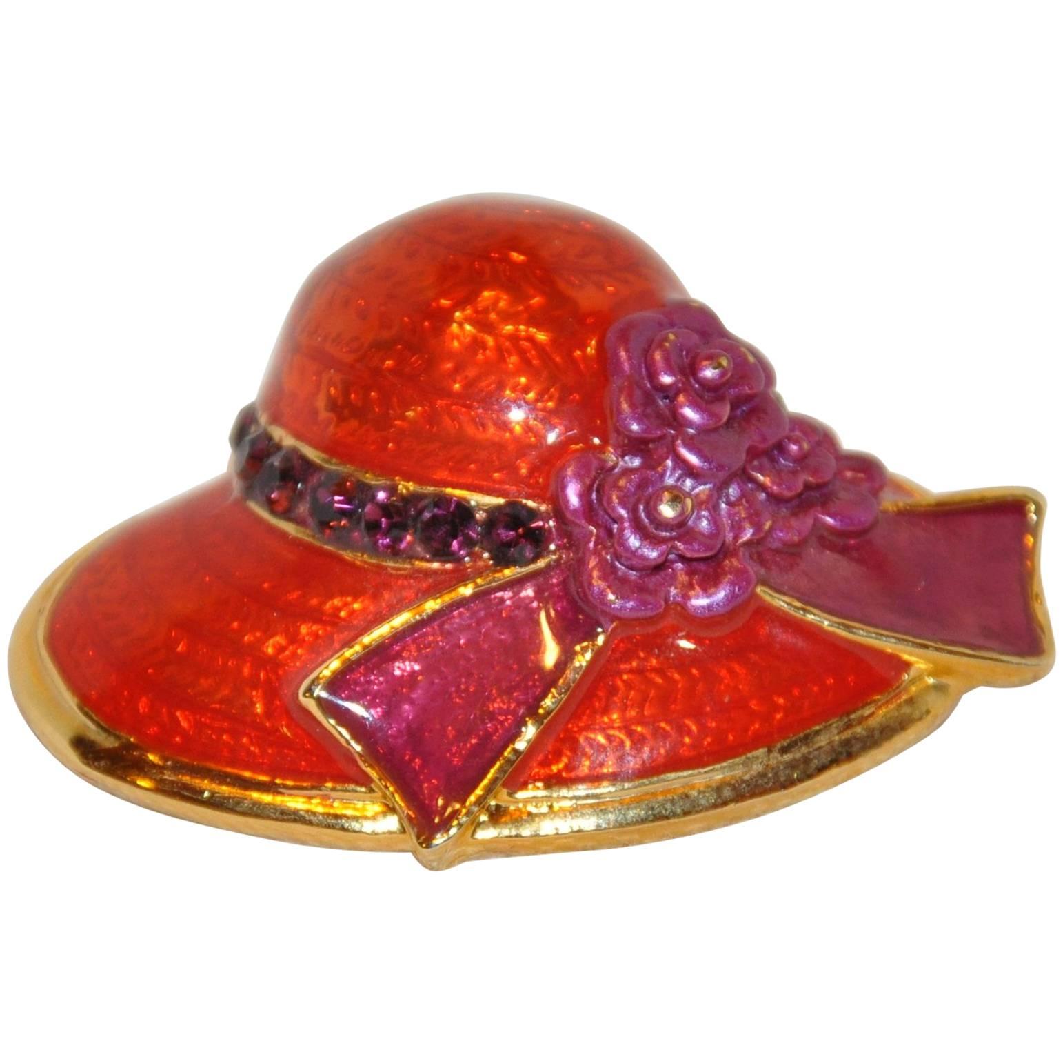 Gilded Gold Vermeil Hardware with Red Enamel "Floral Hat" Brooch