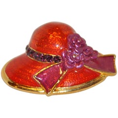 Vintage Gilded Gold Vermeil Hardware with Red Enamel "Floral Hat" Brooch