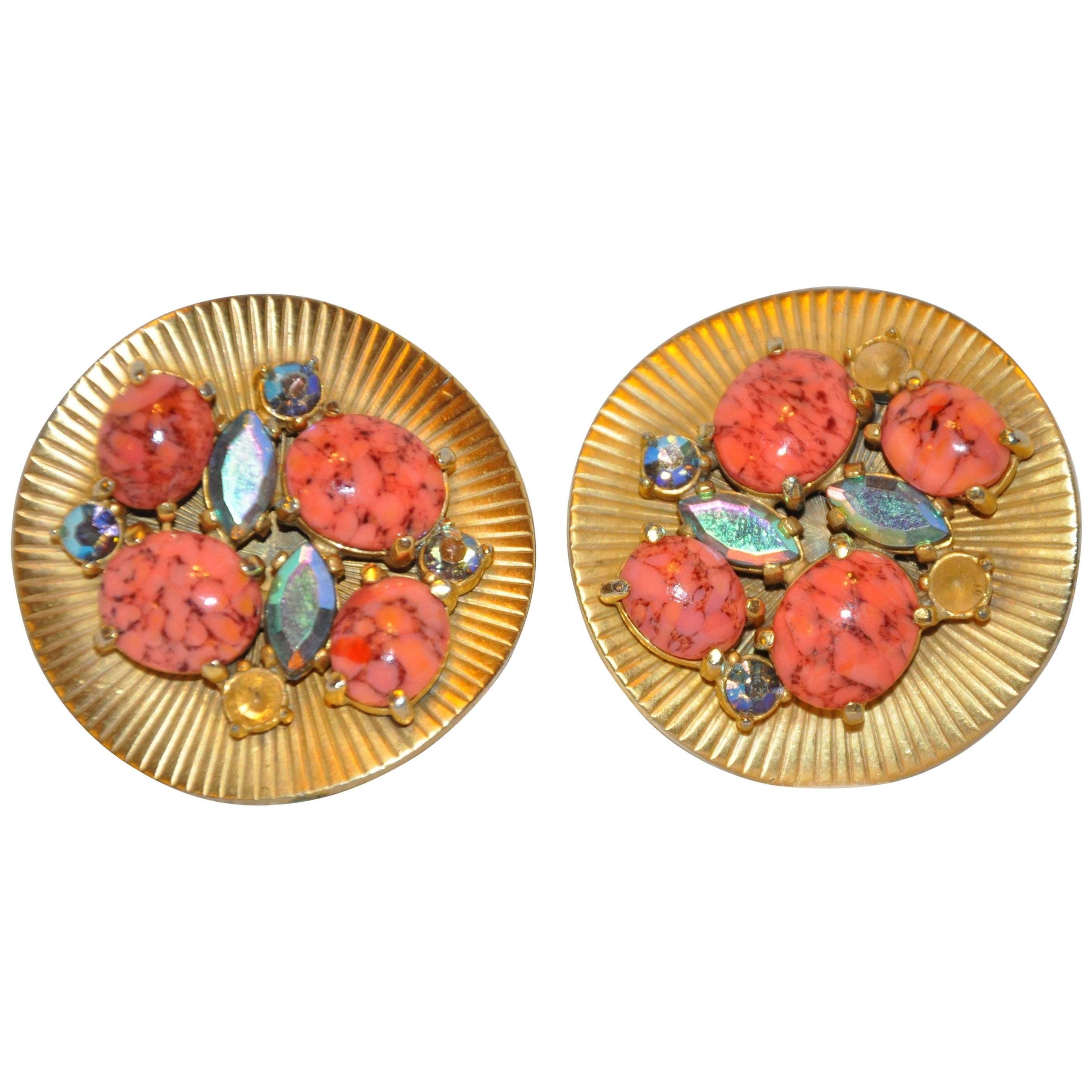 Schiaparelli Large Multi-Color Gilded Gold Clip-On Earrings For Sale