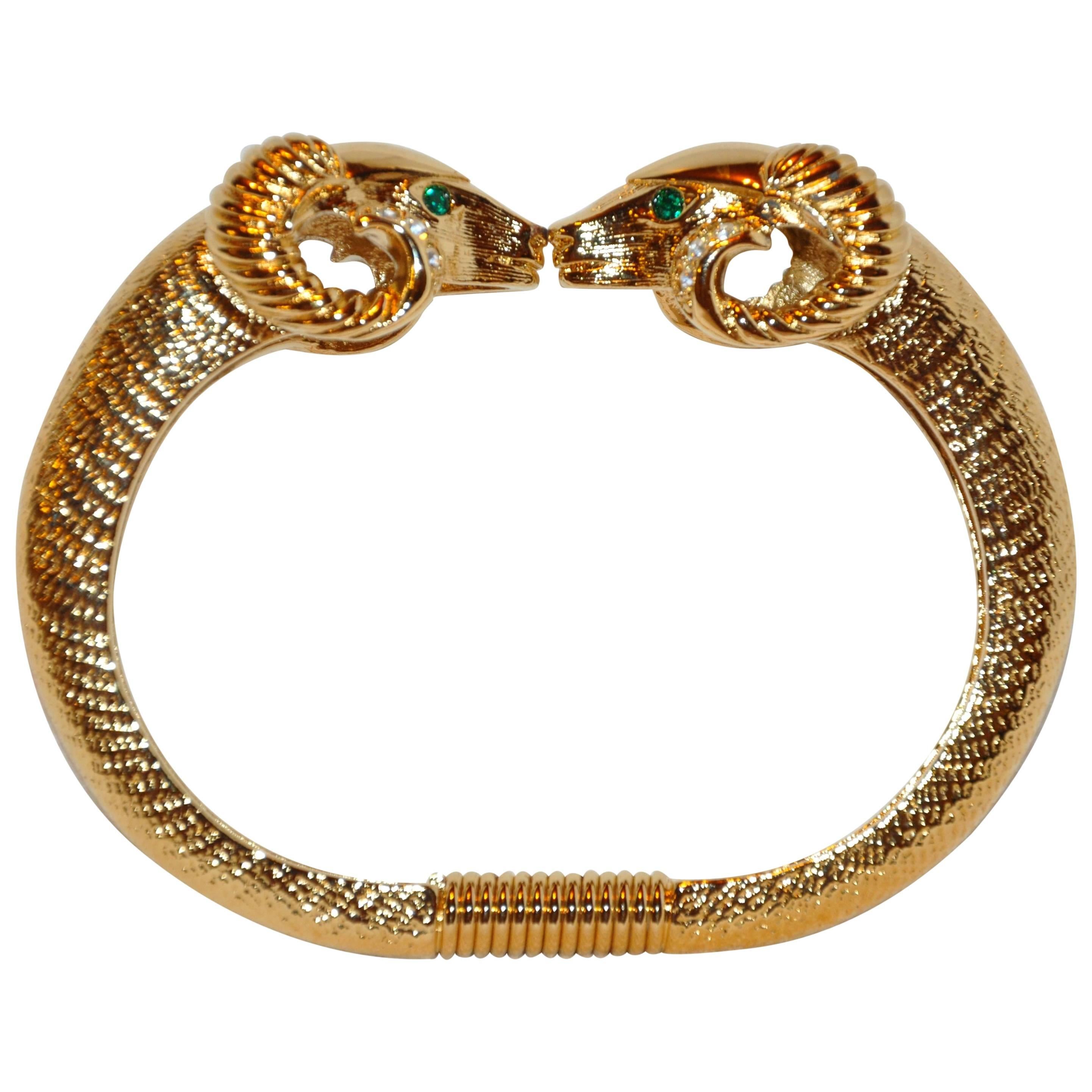 Kenneth Jay Lane Gilded Gold Vermeil "Double Rams" Spring-Back Bangle For Sale
