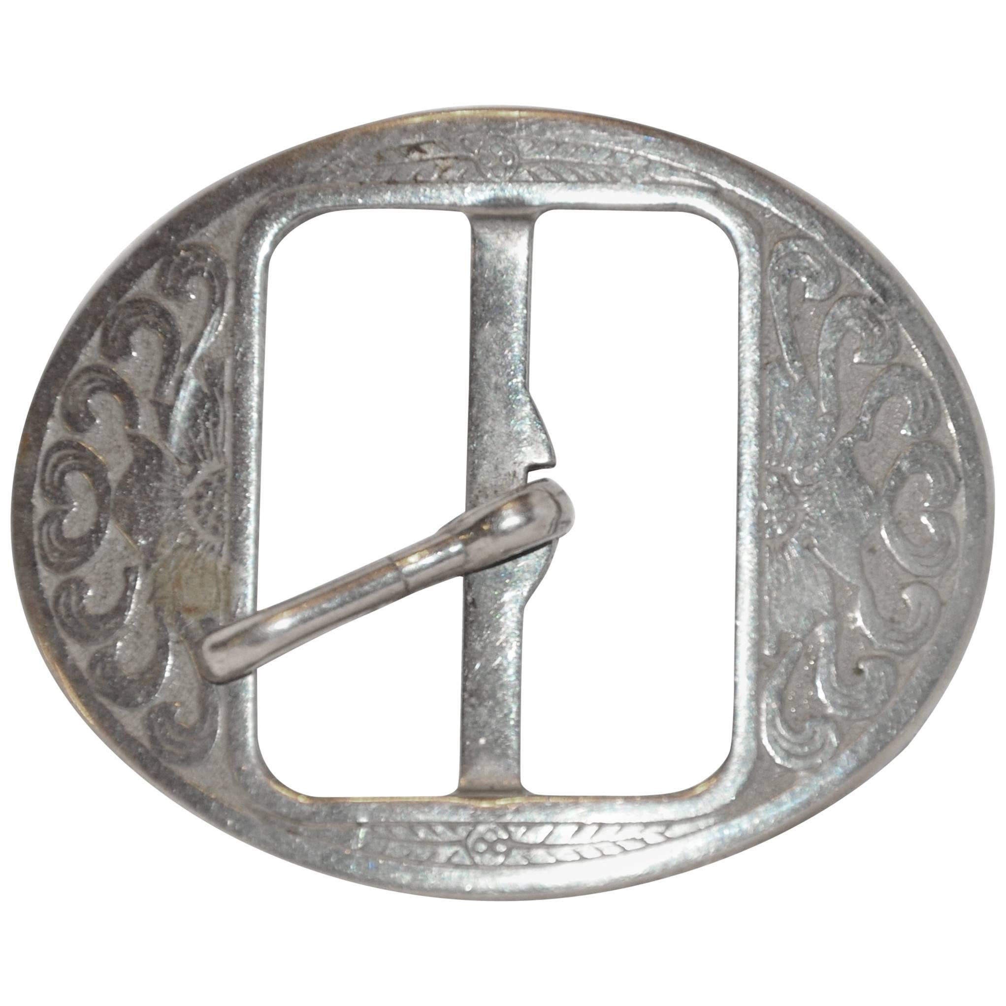 Vintage "Art Nouveau" Hand-Etched Silver Hardware Belt Buckle