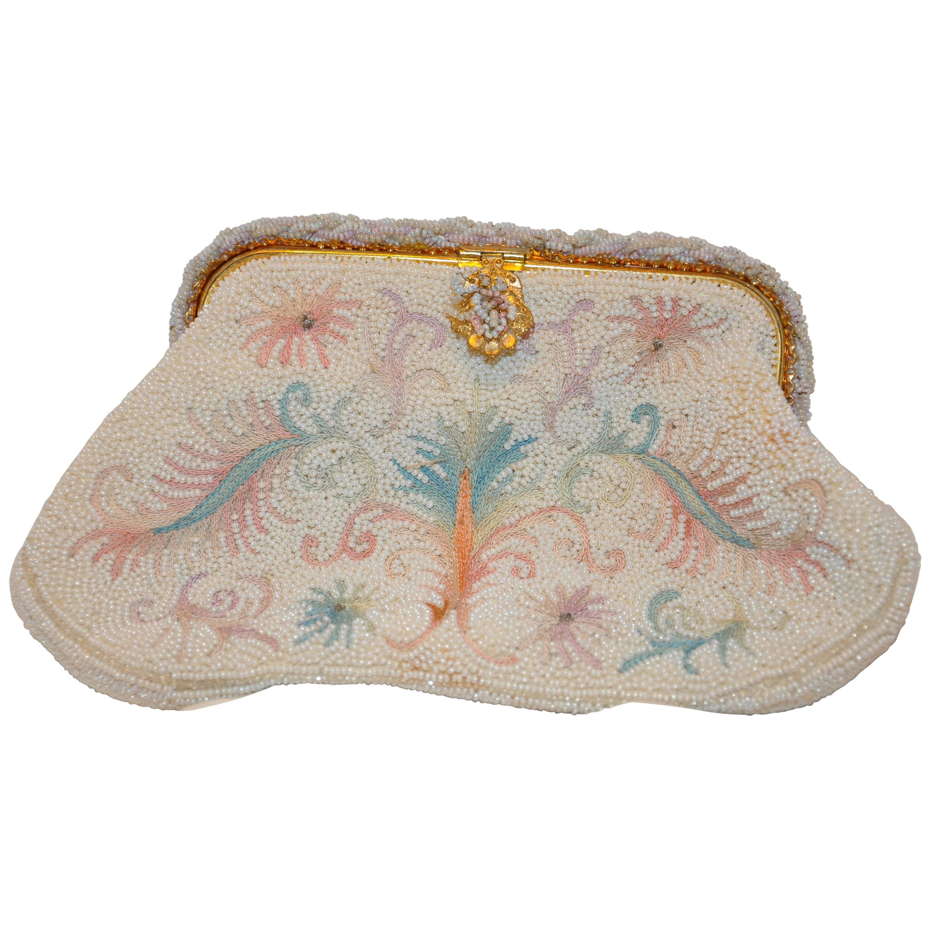 Walborg Hand-Beaded Micro Seed & Hand-Embrodiered "Floral & Leafs" Clutch For Sale
