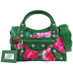 BALENCIAGA S/S 2008 Green Leather "Giant Floral City" Convertible Satchel Purse