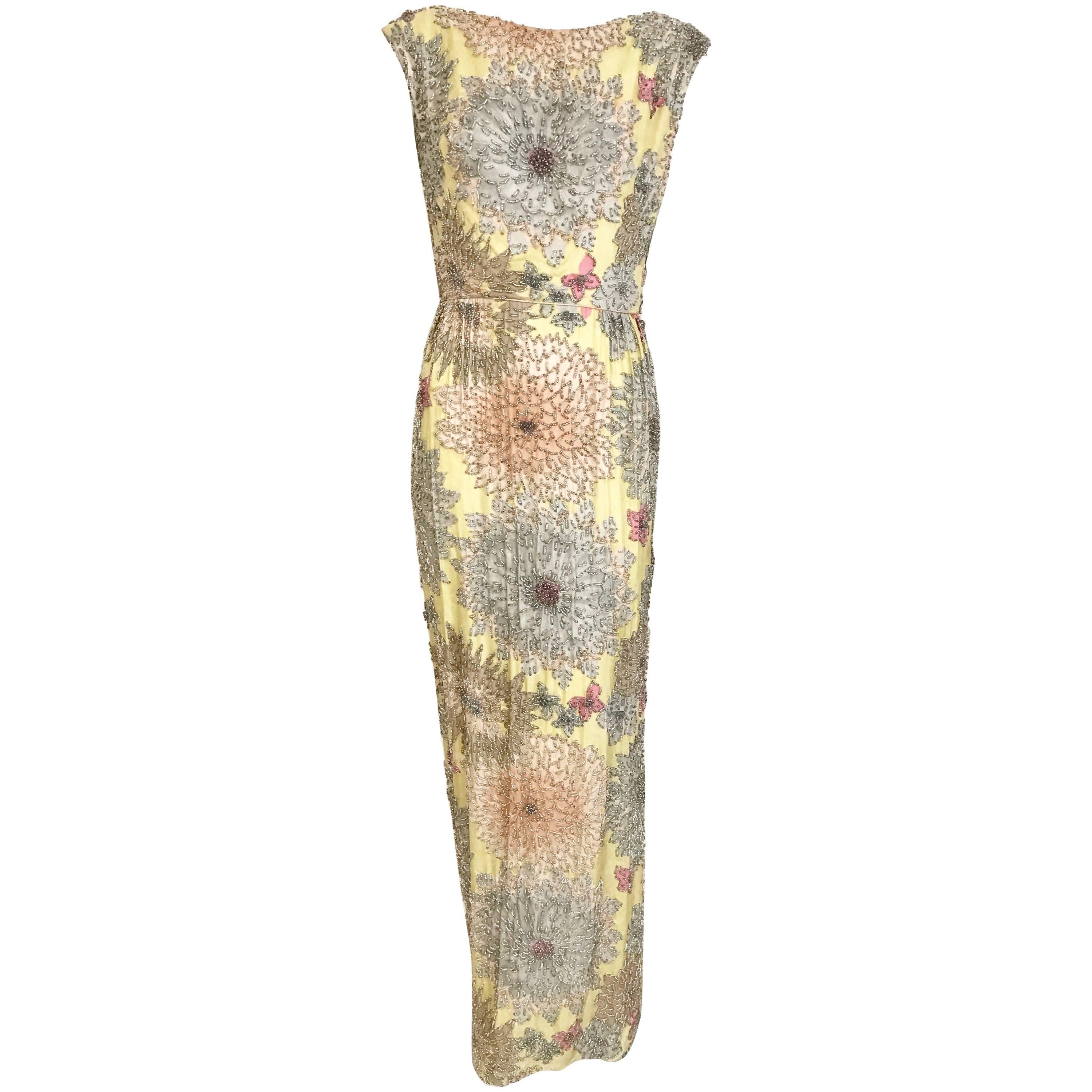 Vintage Malcolm Starr 1960s Yellow Floral Beaded Sleeveless Dress