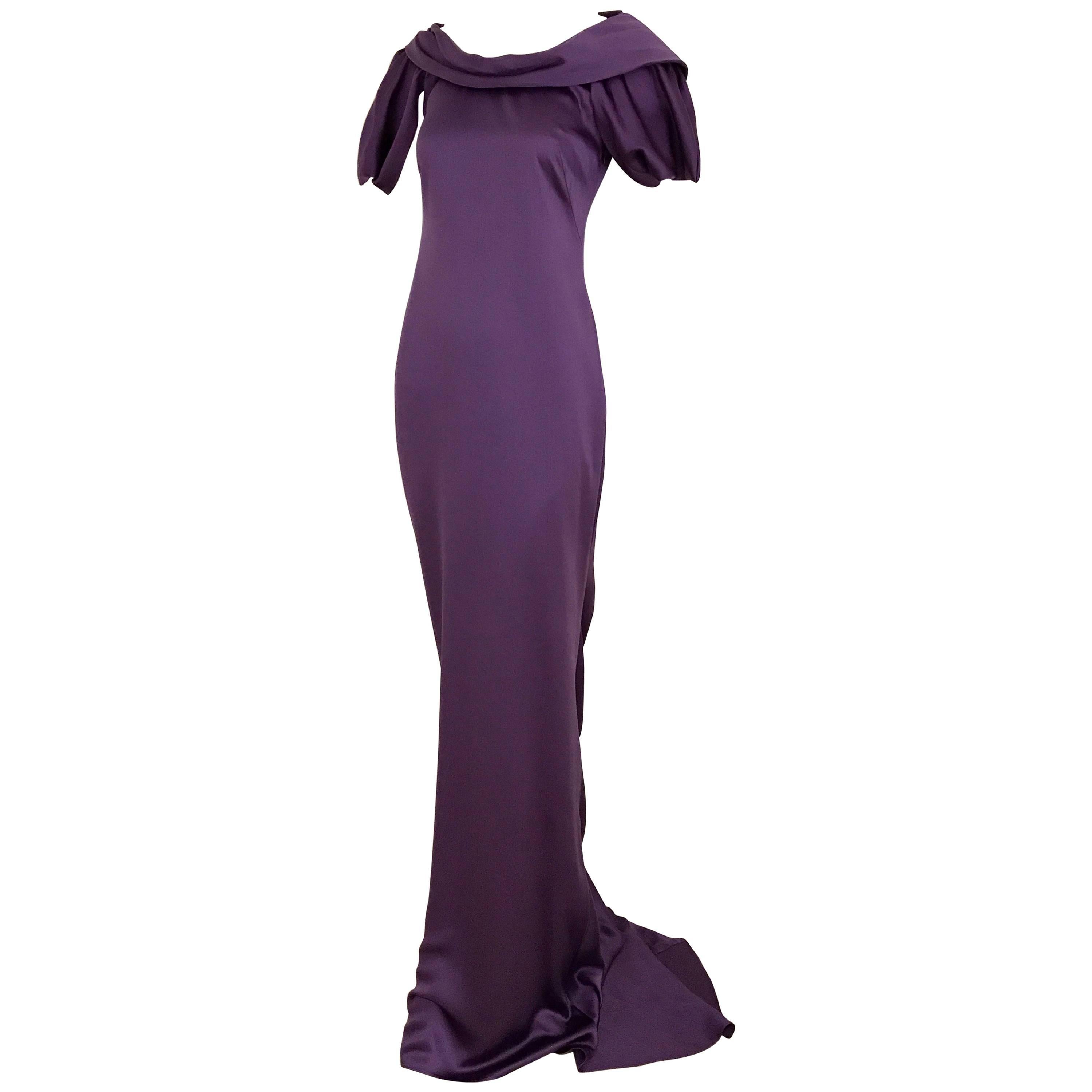 ALEXANDER MCQUEEN Backless Violet Silk Charmeuse Gown 