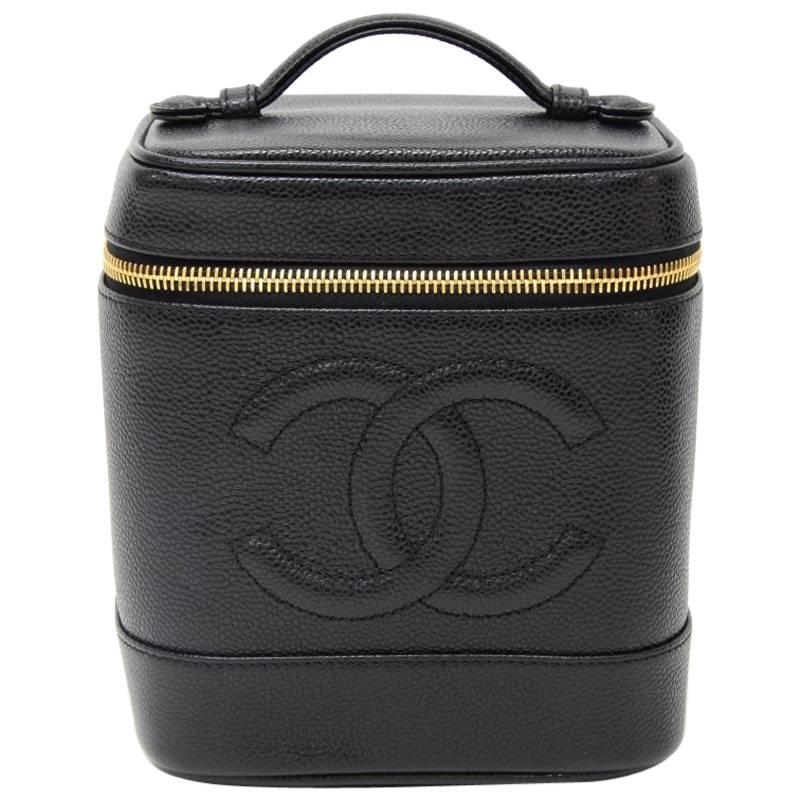Chanel Vanity Black Caviar Leather Cosmetic Hand Bag 