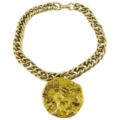 Yves Saint Laurent YSL Vintage Griffin Lion Coin Pendant with Chunky Curb Chain