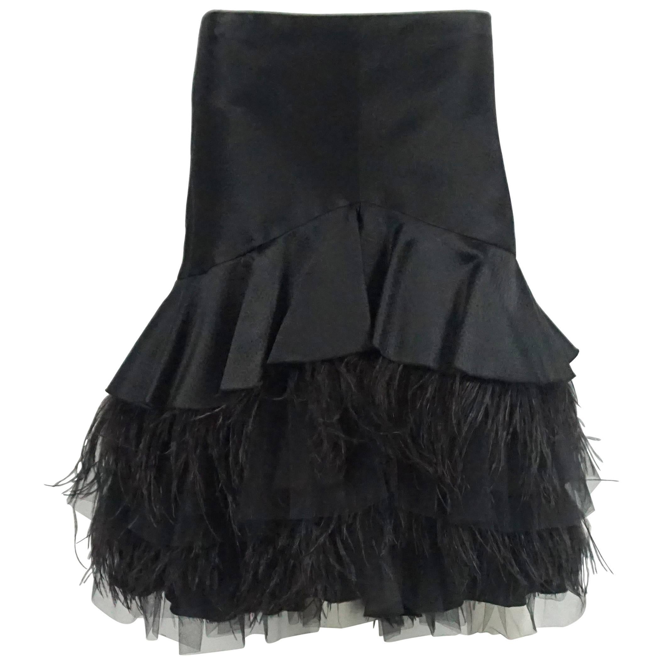 Tuleh Black Silk, Ostrich Feather, and Mesh Skirt - 6