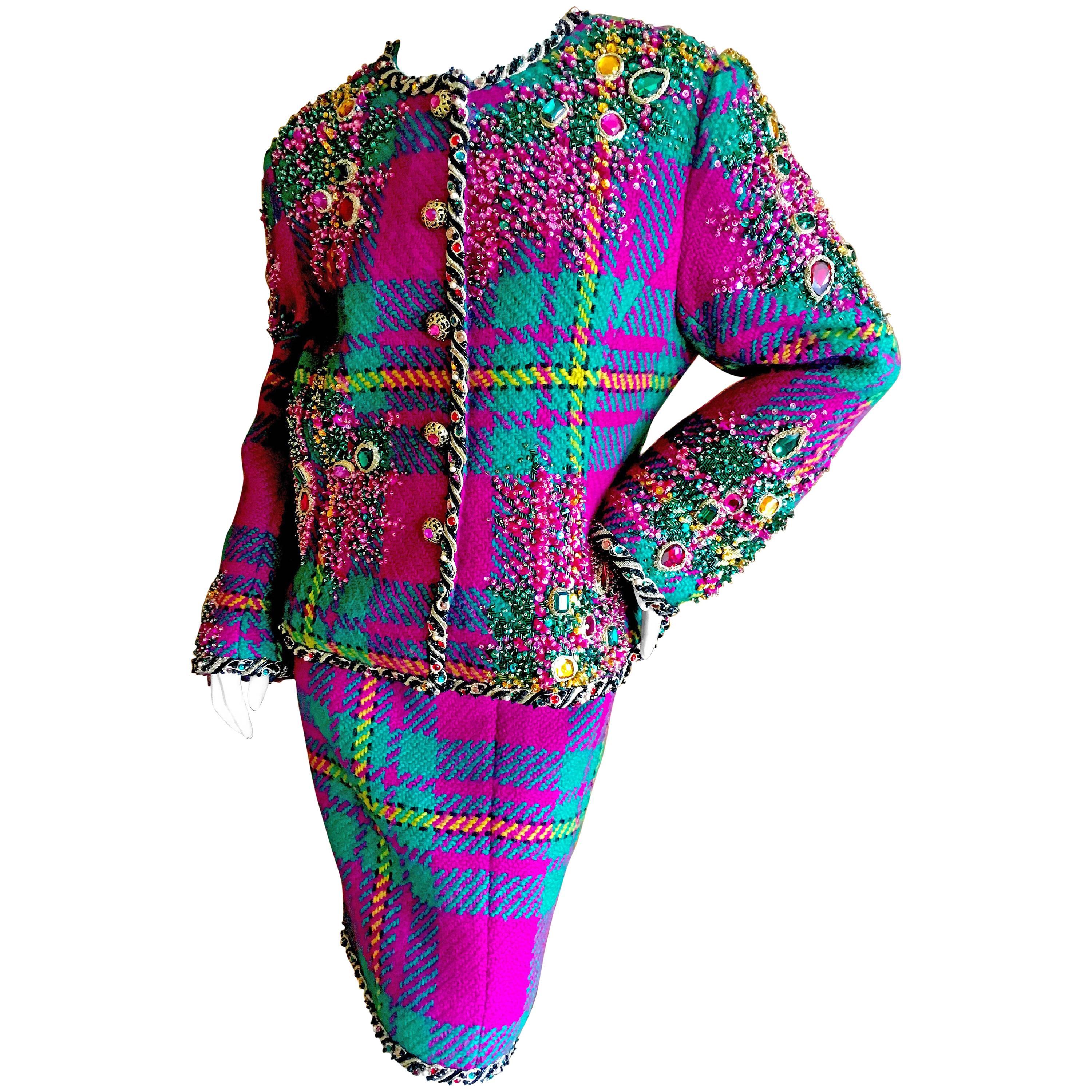 Oscar de la Renta 1980's Museum Exhibited Jewel Embellished Plaid Suit  For Sale