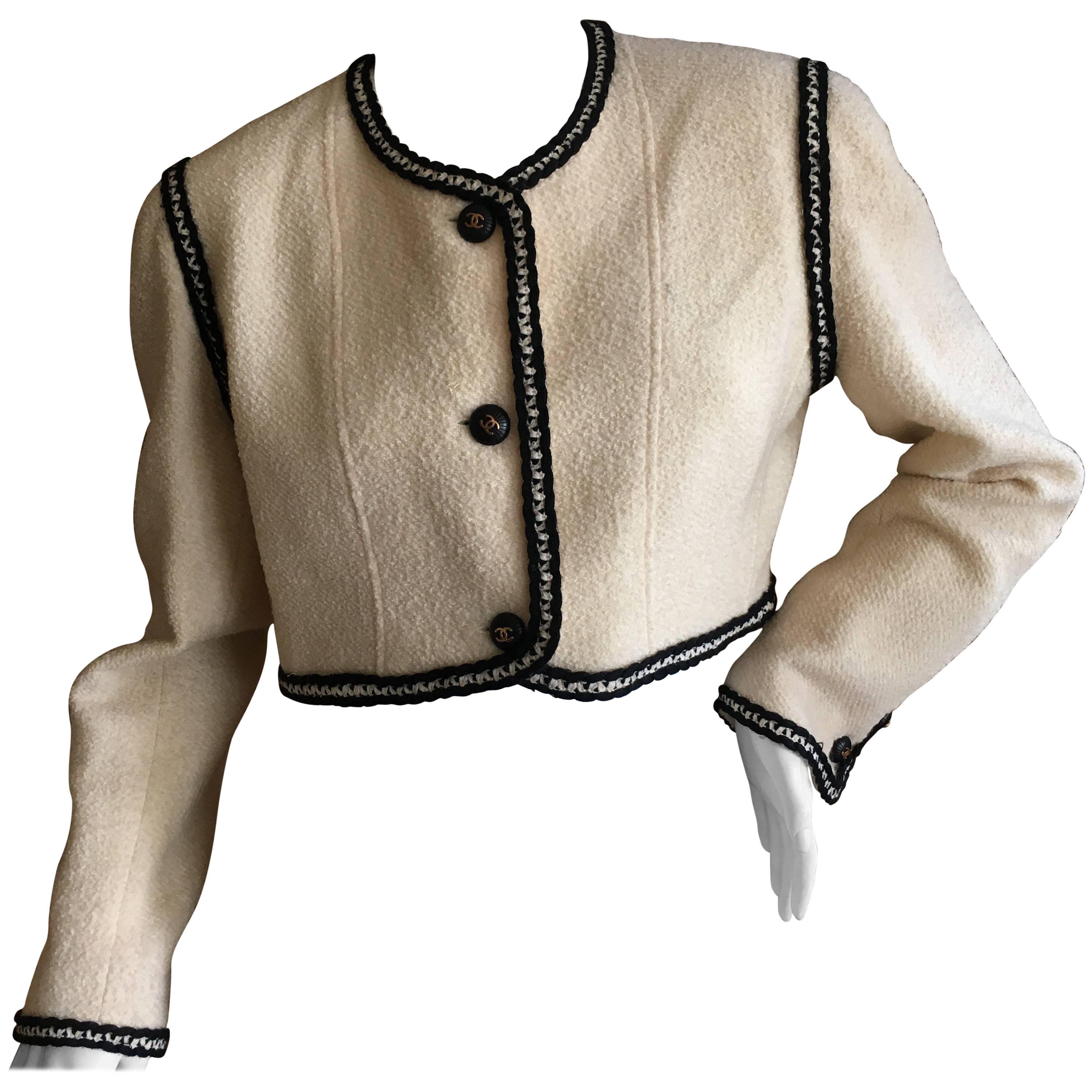 Chanel Vintage Ivory Cropped Jacket with Contrasting Trim and Nine CC Buttons